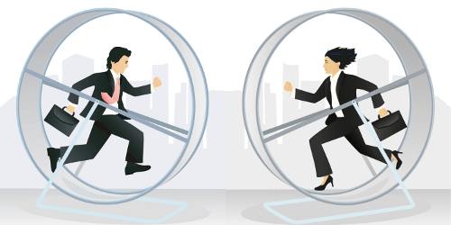 Two business people running inside transparent hamster wheels, facing each other.