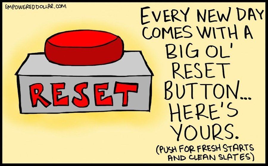 Cartoon of a red reset button with text: “Every new day comes with a big ol’ reset button... here’s yours.”