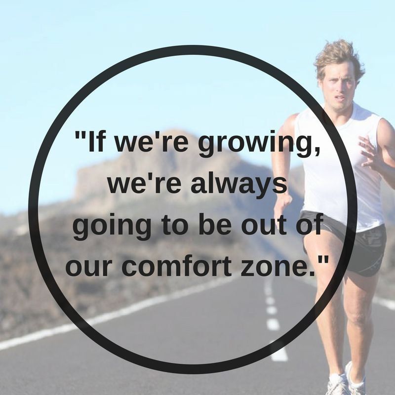 Runner on a road with quote: “If we’re growing, we’re always going to be out of our comfort zone.”