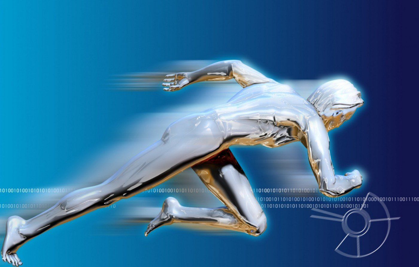 Futuristic silver runner sprinting on a blue gradient background, motion trails behind them