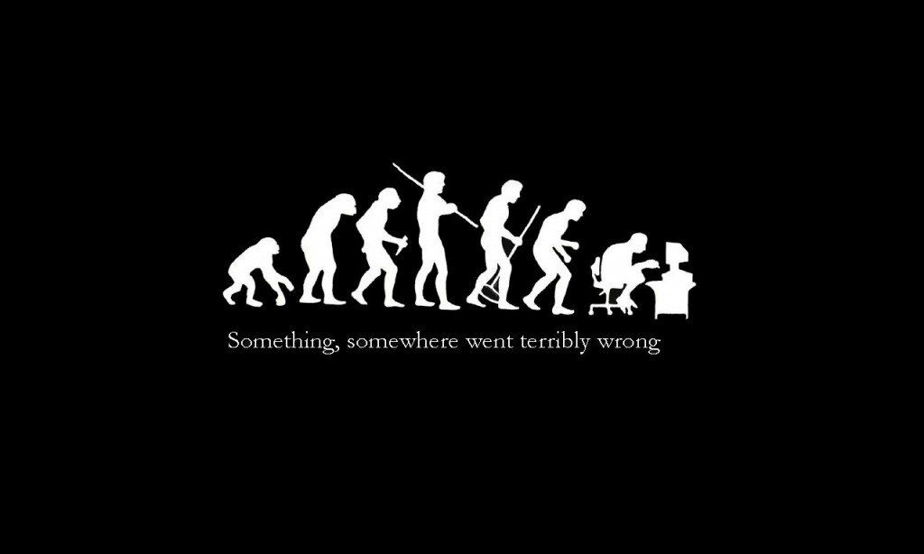 White silhouettes show human evolution from ape to crouched figure on a black background.