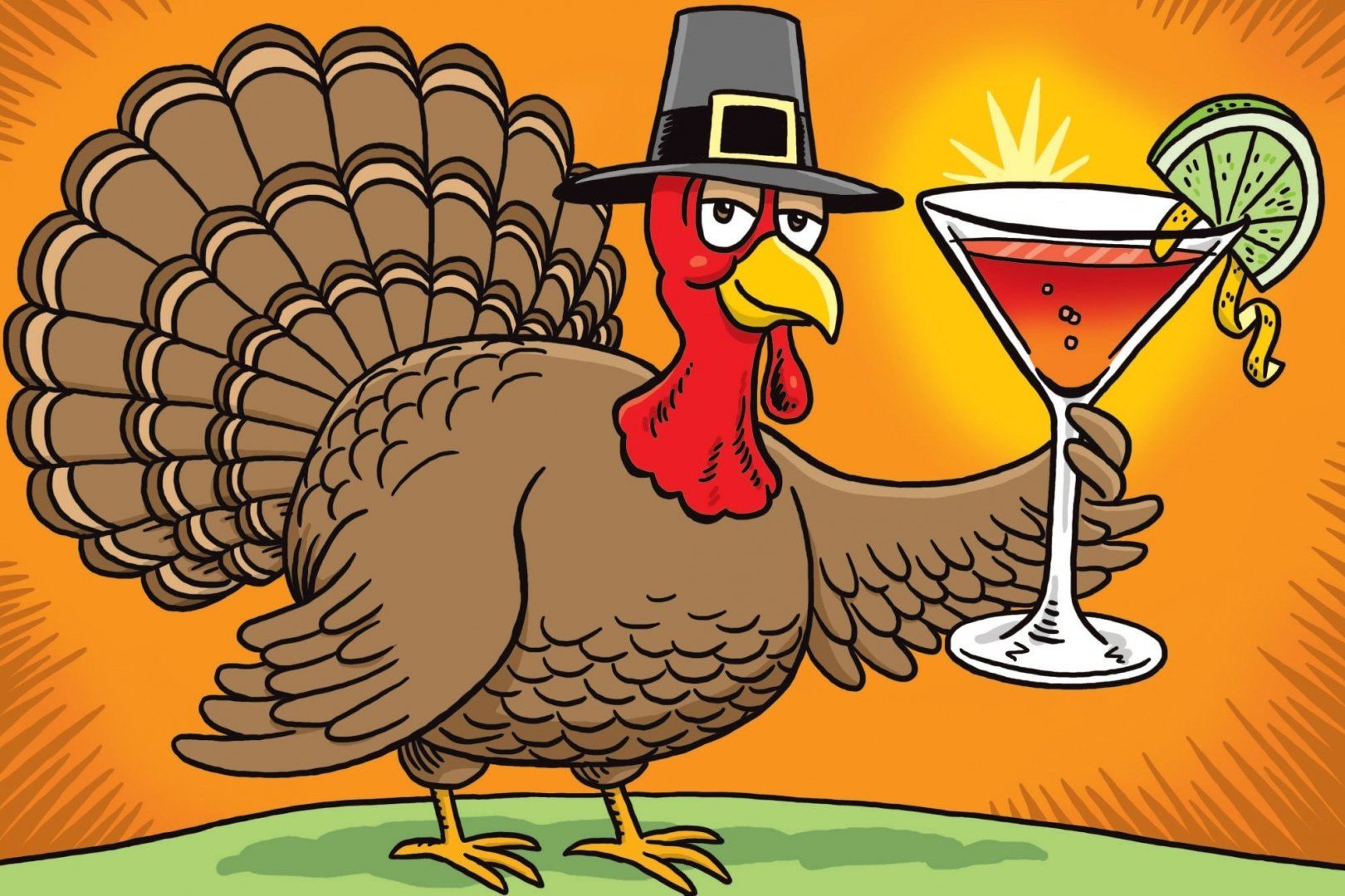 Cartoon turkey in a pilgrim hat holding a martini on a festive autumn background