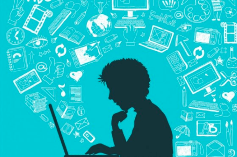 Silhouette of a person using a laptop against a turquoise background with education and tech icons