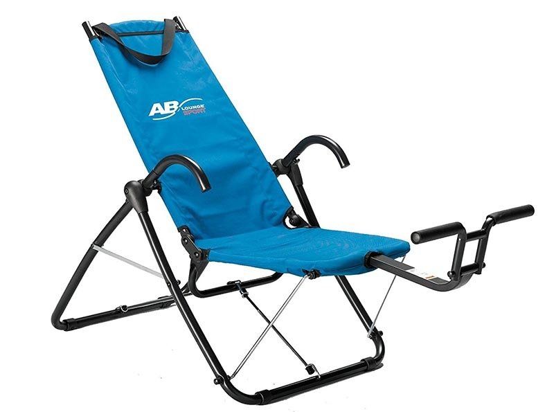 Blue folding beach chair with black frame and side armrests on a white background