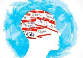 Silhouette head filled with red labels like anxiety, stress, panic, phobia, and depression, surrounded by blue scribbles