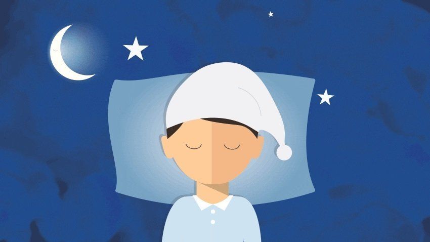 Sleeping child in a white nightcap on a blue pillow, with moon and stars in the background