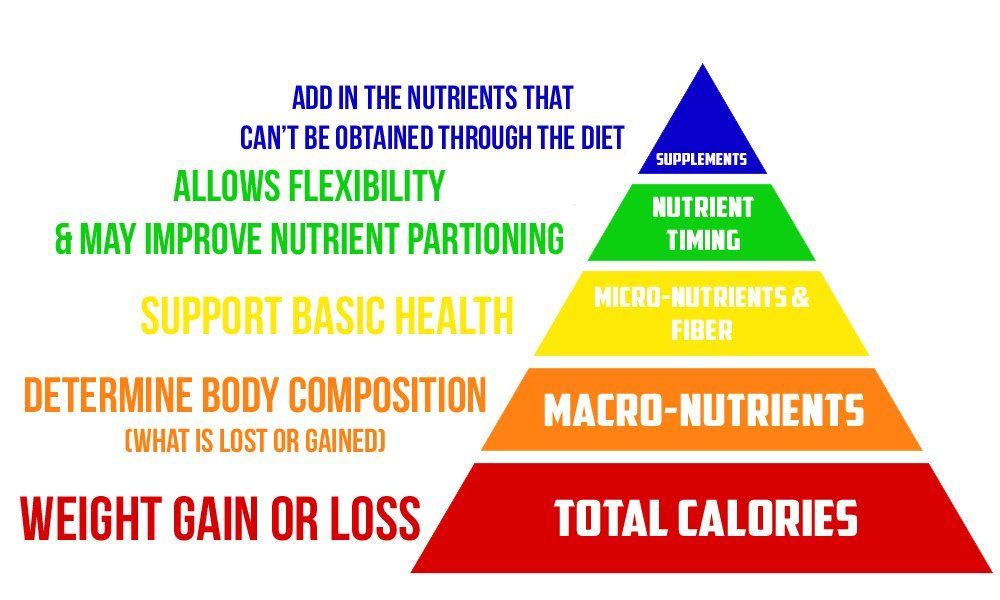Colorful nutrition pyramid showing total calories, macronutrients, fiber, nutrient timing, and body composition effects