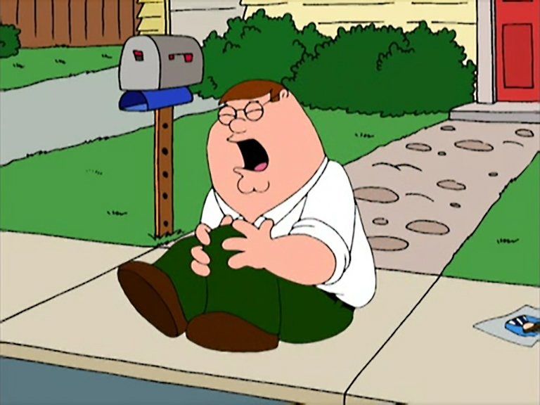 Cartoon man in white shirt and green pants yelling on a sidewalk beside a mailbox and house driveway