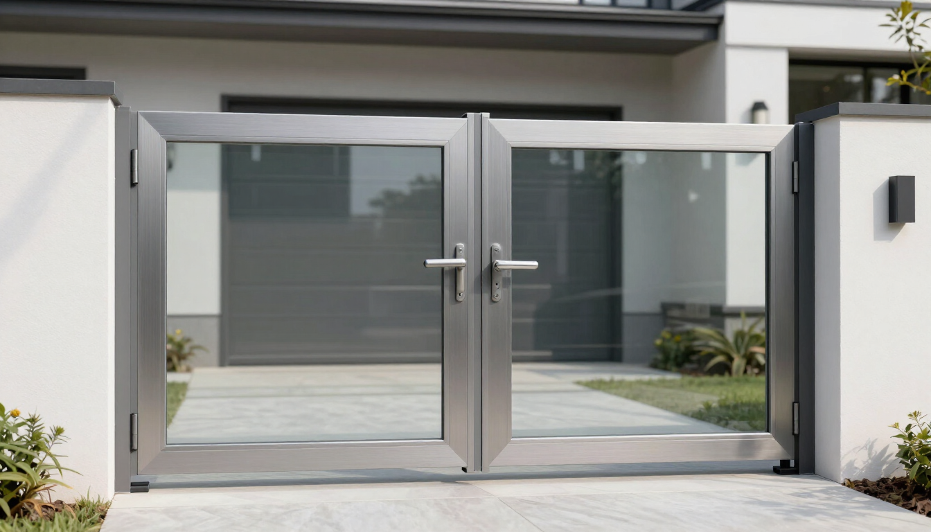 Portón moderno de aluminio con cristal en acceso residencial