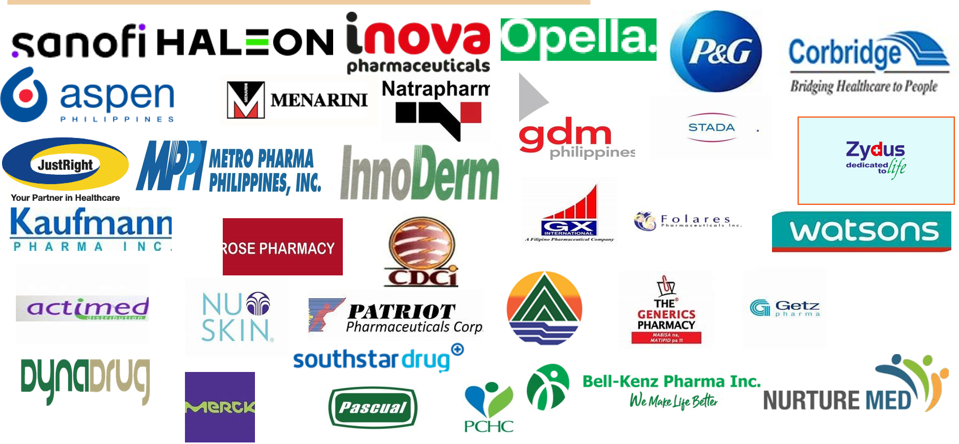 Logos of pharmaceutical companies, including Sanofi, Aspen, and P&G, arranged together.