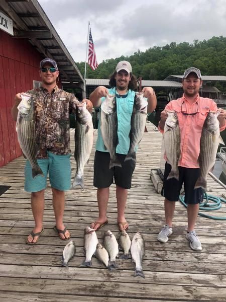 Three anglers on a dock holding fish, with a red building and American flag in the background.