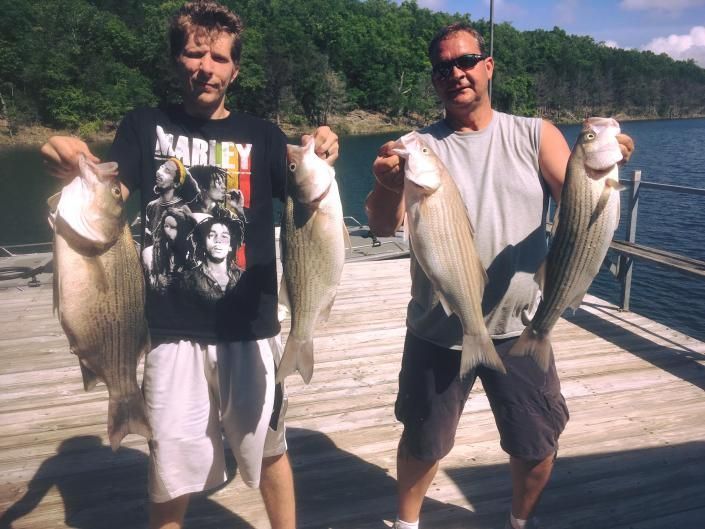 Two men on a dock holding large fish, with trees and water in the background.