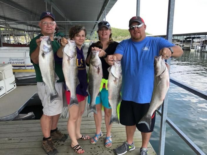 Four people on a dock holding large fish, smiling in front of the water and covered marina.