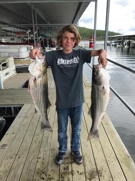 Person standing on a dock holding two large fish by the tails.