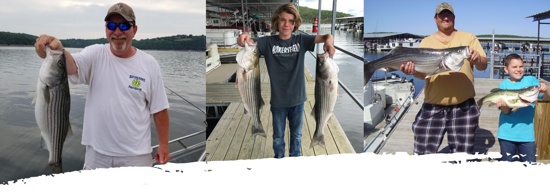 Three people on a dock holding large fish, with a lake and boat in the background.