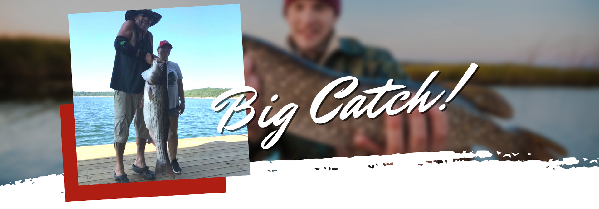 Two anglers holding a large fish on a boat, with “Big Catch!” text and ocean in the background