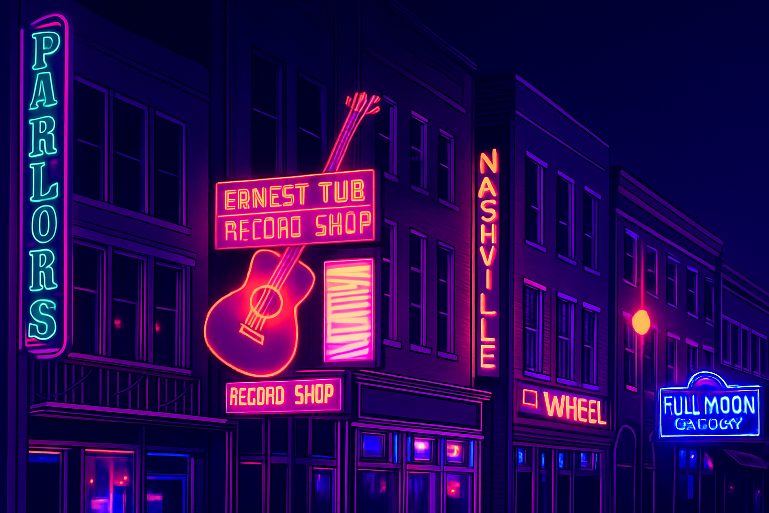 Neon signs illuminate Nashville buildings;