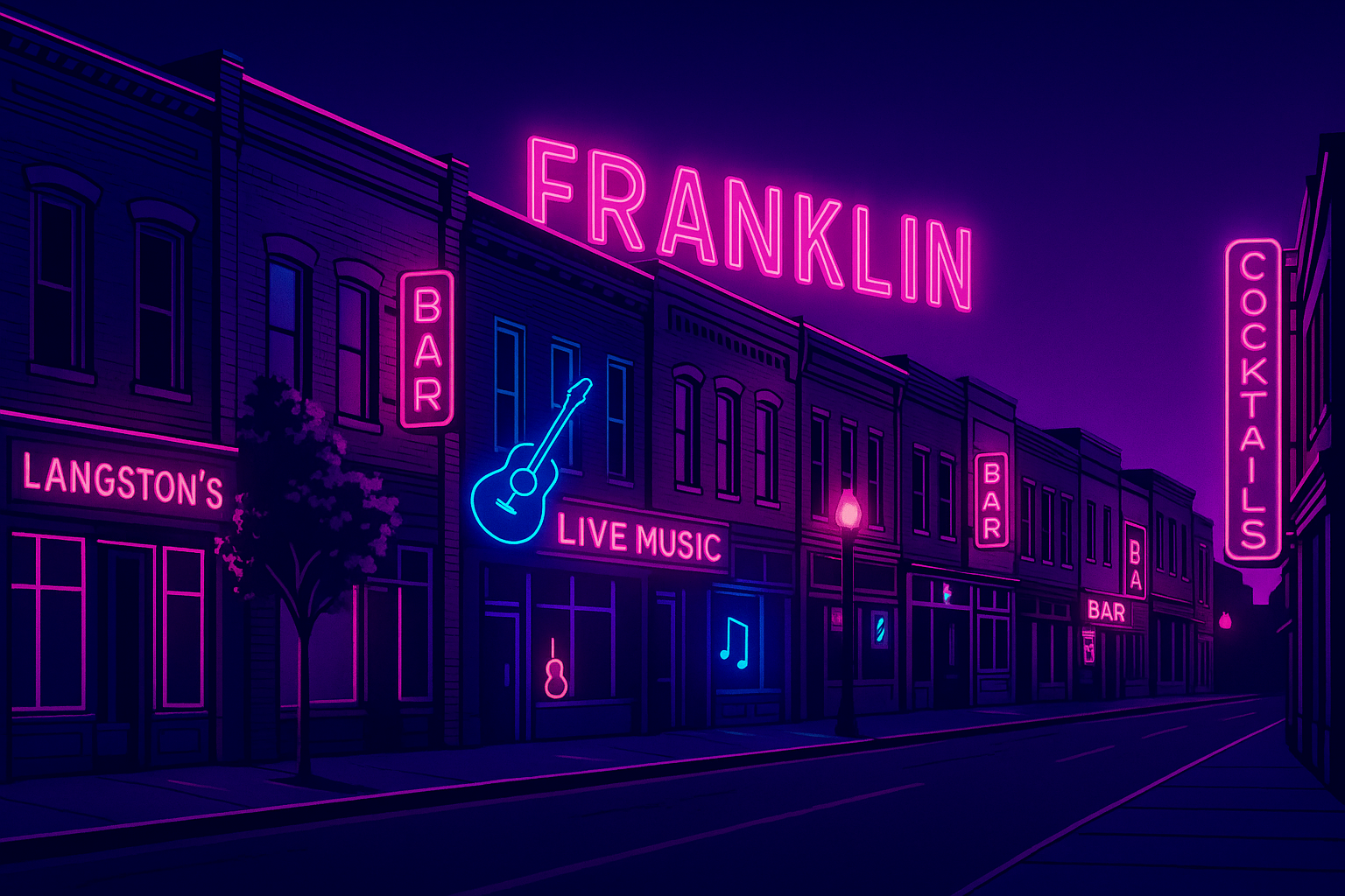 Neon sign for Franklin, bars, and live music at night.