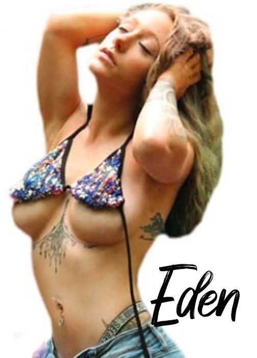 A woman in a bikini with eden written on the bottom