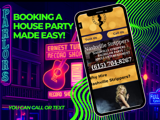 Ad promoting Nashville Strippers. Phone displays website. Neon background, buildings, guitar.