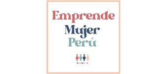 Logotipo para “Emprende Mujer Perú” con texto colorido y figuras estilizadas.