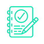 Cuaderno verde con una marca de verificación dentro de un círculo y un lápiz, lo que sugiere planificación y finalización.