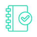 Cuaderno verde con marca de verificación, que indica la finalización de la tarea.