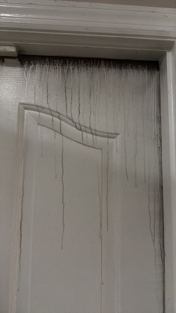 White door frame with dark water stains streaking down the wall and door panel.
