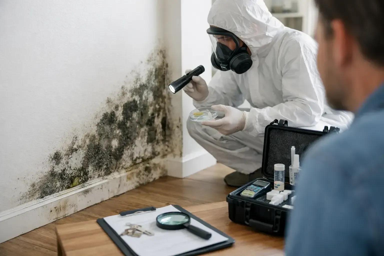 Mold inspector in white protective suit examining black mold on a wall with testing tools nearby