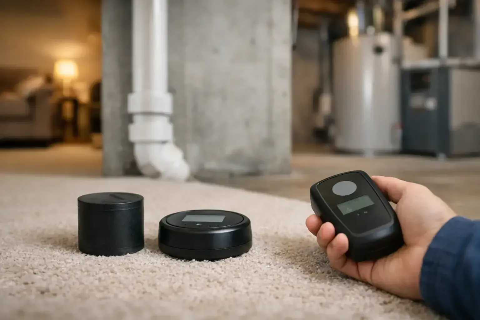 Hand holding a black remote next to two black smart home devices on carpet near a pipe and concrete wall