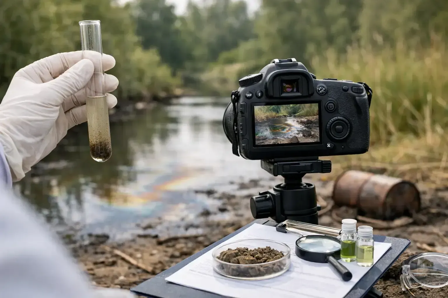 Gloved hand holding a test tube by a river, with a camera photographing a water sample on a table