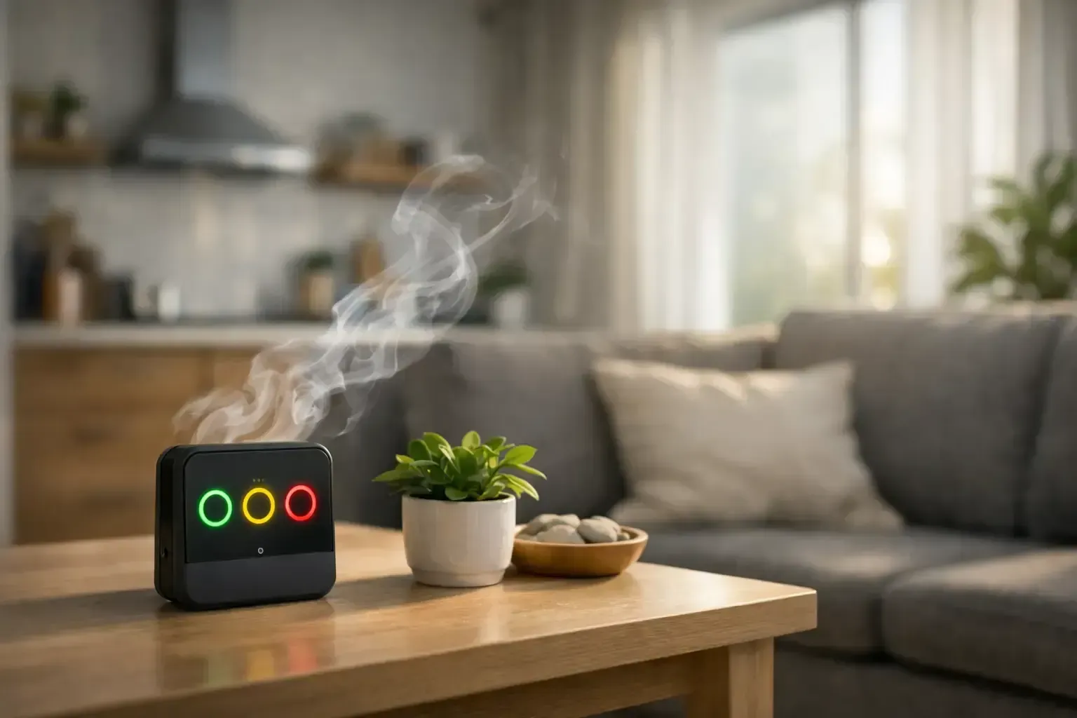 Smart speaker on a coffee table emits steam in a cozy living room with a sofa and plants.