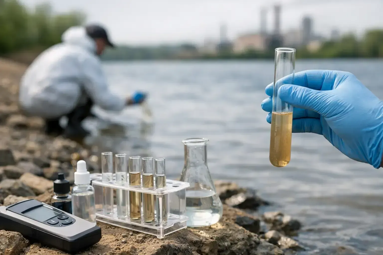 Gloved scientist holding water sample tubes by a river, with testing equipment on the shore