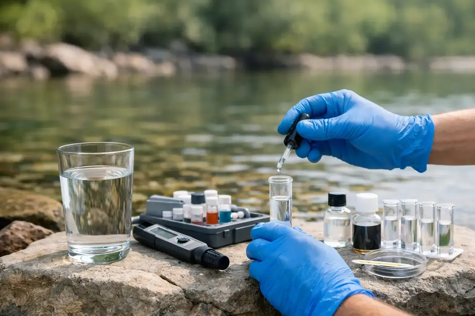 Blue-gloved hands testing water samples outdoors beside a lake with lab vials and a glass of water