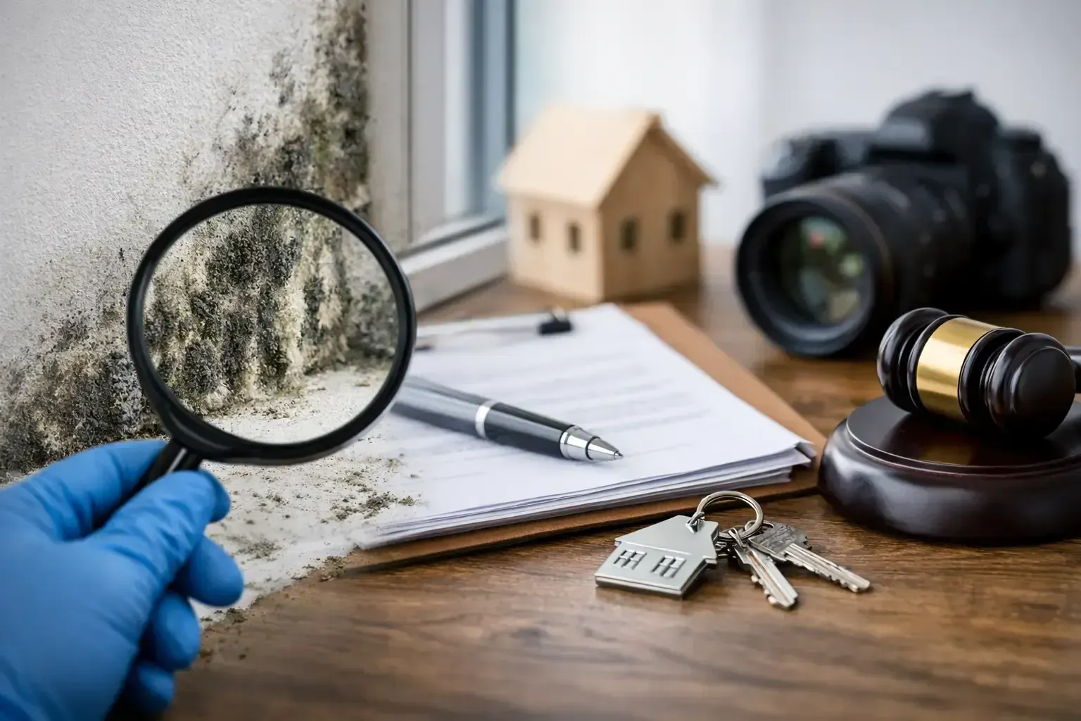 Gloved hand with magnifying glass over evidence on a desk, with keys, house model, camera, and gavel