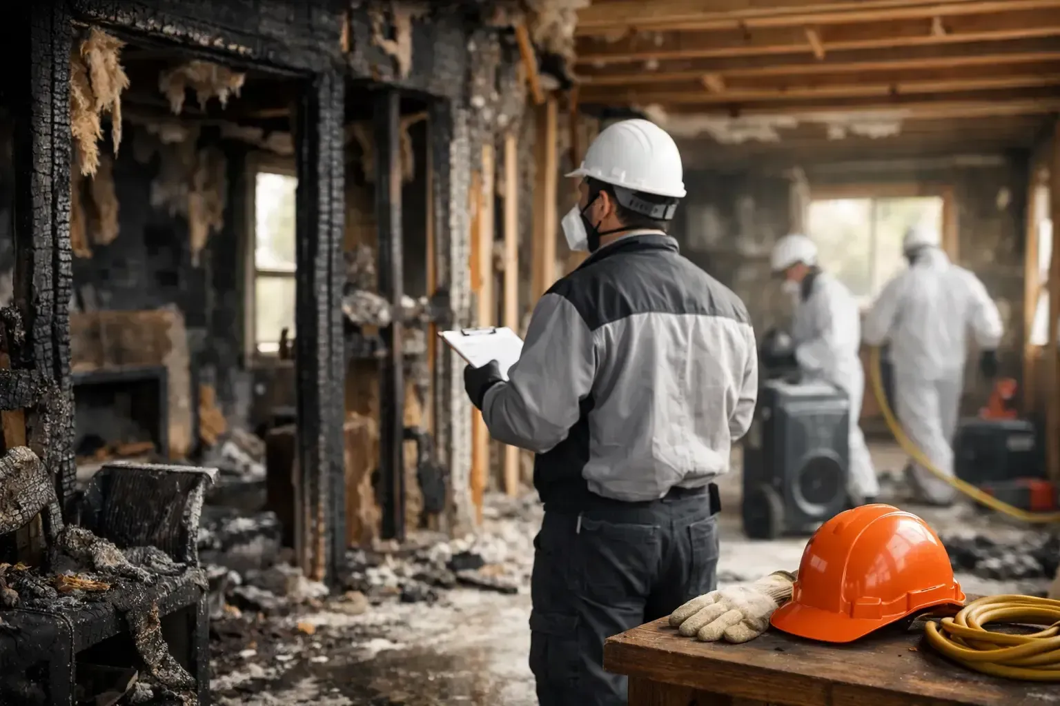 Inspector in hard hat examines fire-damaged building interior, with workers in background and orange helmet on table