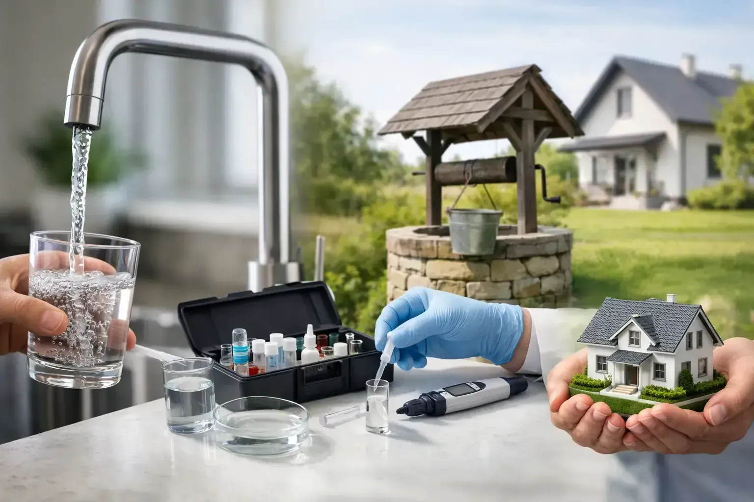 Hands under a faucet with water test kit, plus a hand holding a tiny house and well model outdoors