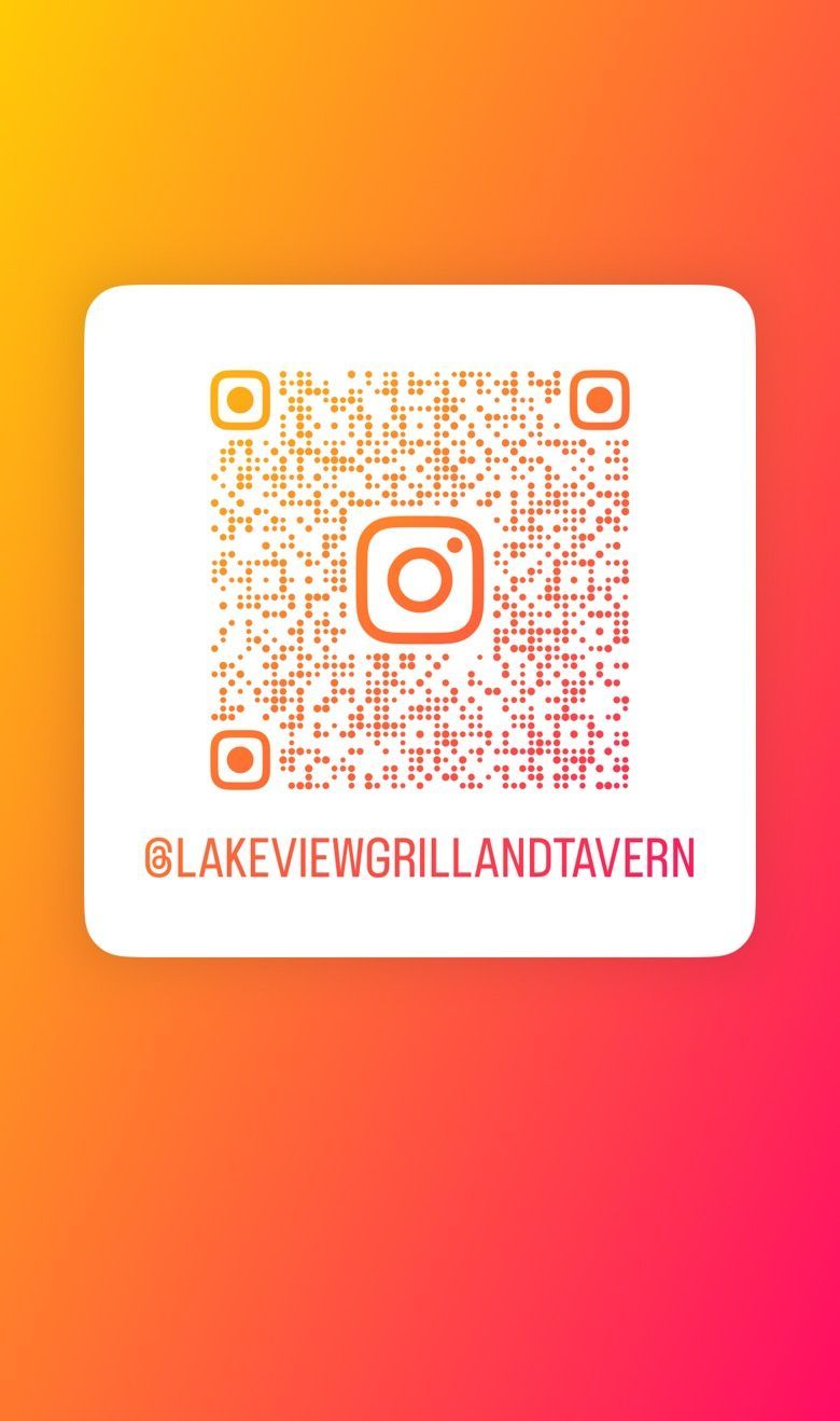 Instagram QR code for @lakeviewgrillandtavern on a white square set against a yellow-to-pink gradient background.