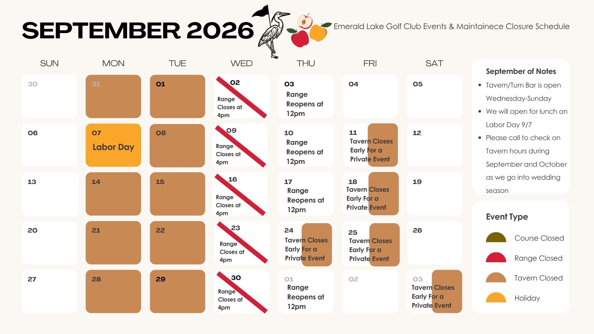 July 2026 calendar for Emerald Lake Golf Course, detailing maintenance, range closures, and event schedules.