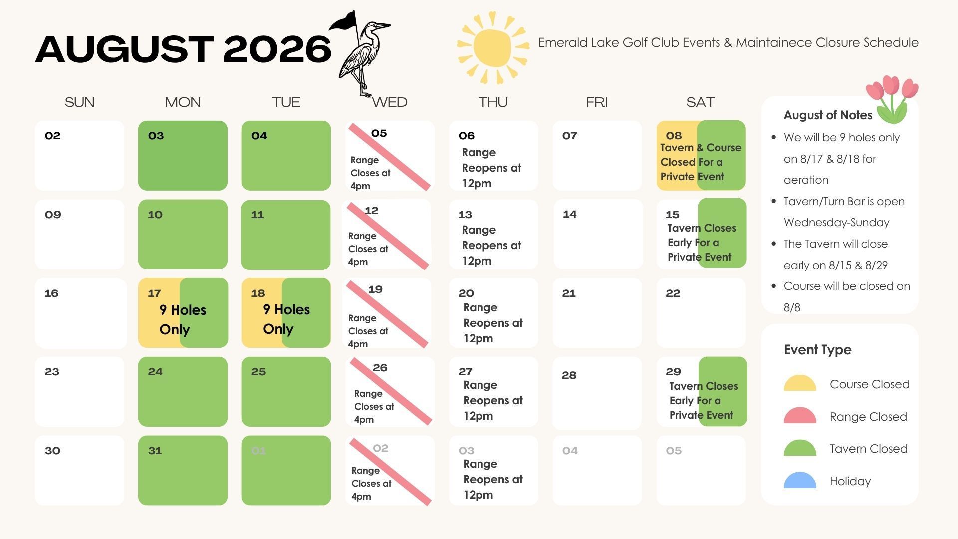 July 2026 calendar for Emerald Lake Golf Course, detailing maintenance, range closures, and event schedules.