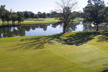 A golf course with trees and a lake in the background