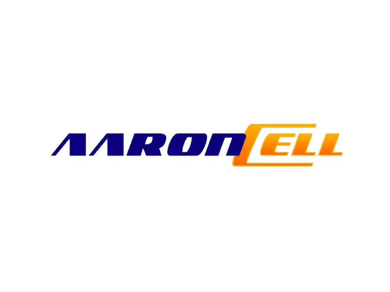 Logotipo de AARONCELL en azul y naranja sobre fondo blanco.