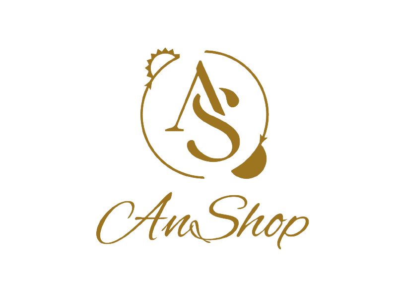 Logotipo dorado de AnShop con las letras estilizadas AS y detalles florales sobre un fondo blanco.