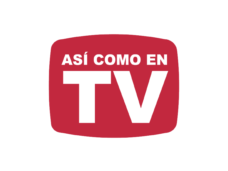 Logo rojo con texto blanco “ASÍ COMO EN TV” y letras grandes “TV” al centro