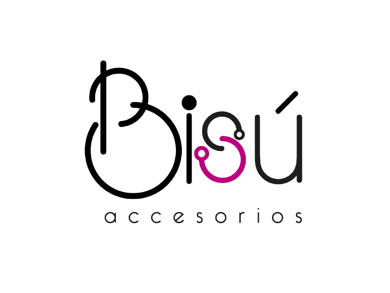 Logotipo de Bisu accesorios en texto negro y rosa sobre fondo blanco