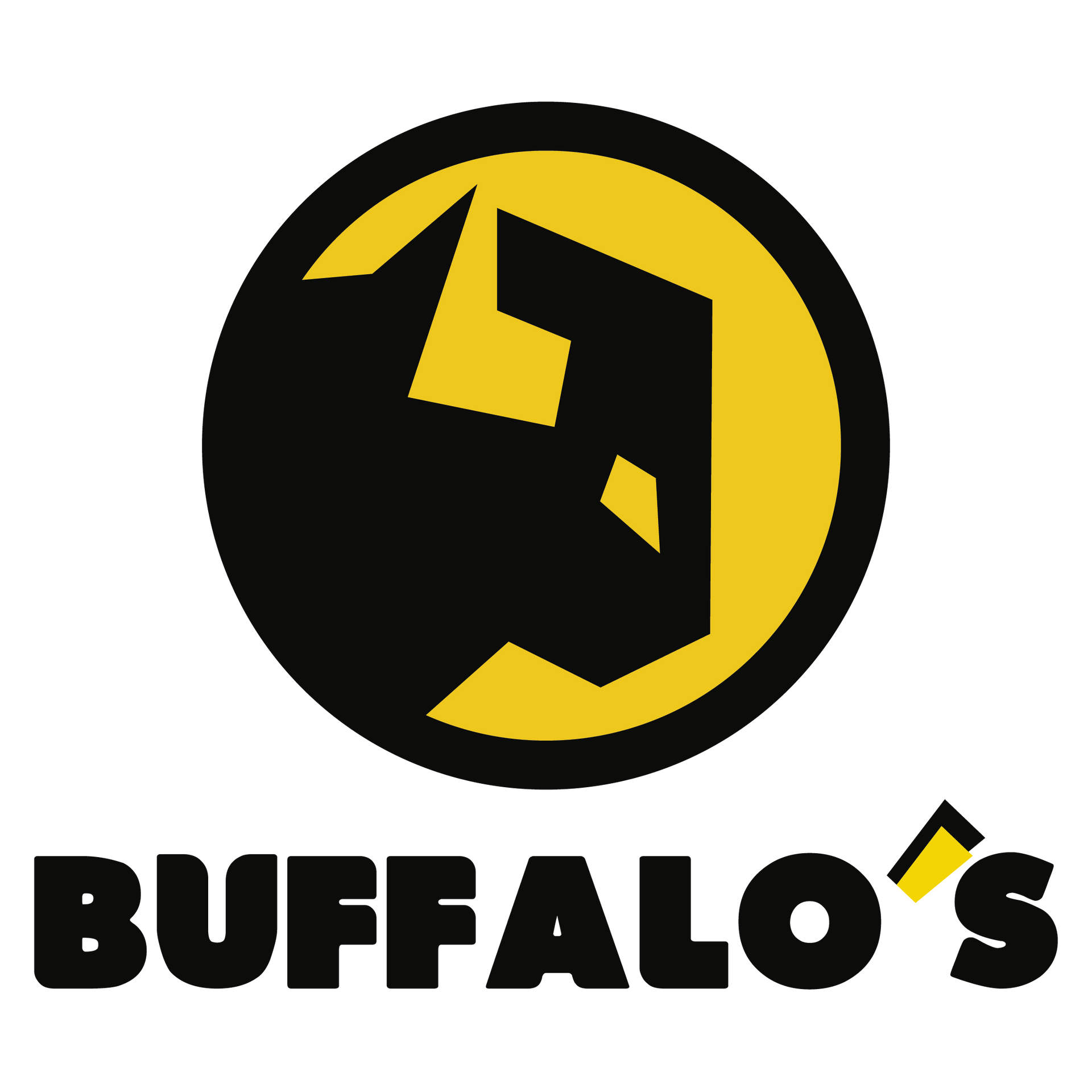 Logotipo de Buffalo: cabeza de búfalo negra en un círculo amarillo con el texto “BUFFALO'S” en negro y detalles en amarillo.