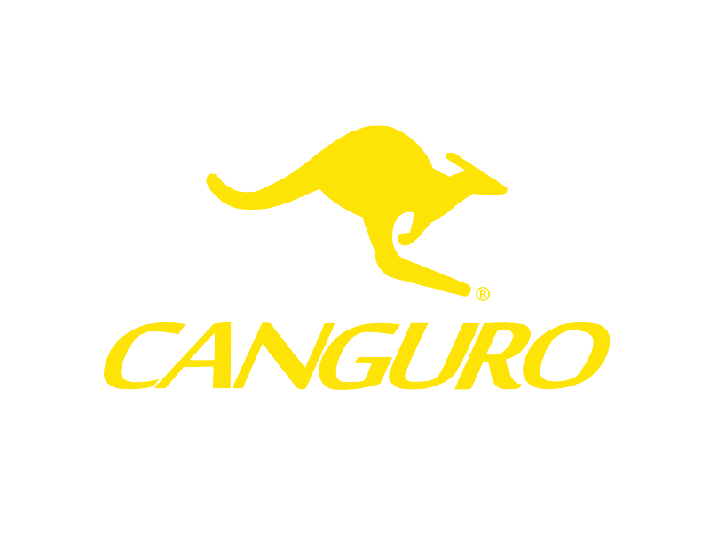 Logotipo de un canguro amarillo con la palabra “CANGURO” sobre un fondo blanco.