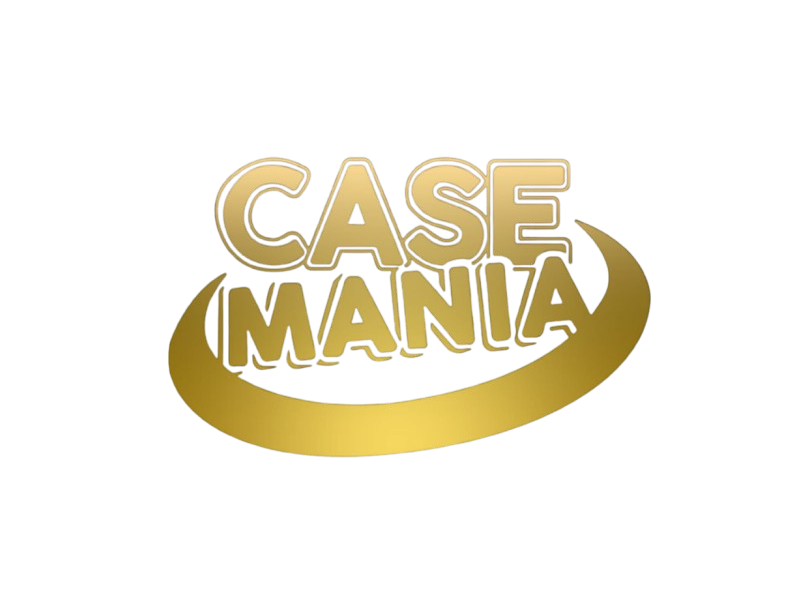 Logotipo de CASE MANIA en texto dorado con una franja dorada sobre fondo blanco.