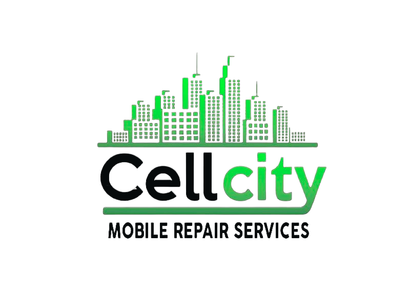 Logotipo de Cellcity Mobile Repair Services con horizonte urbano verde y texto negro y verde.