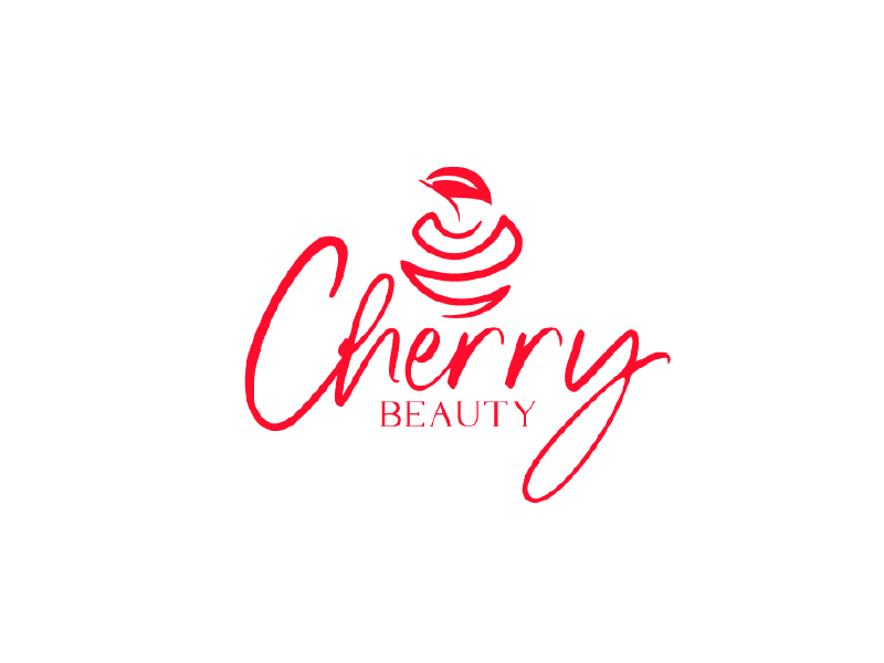 Logotipo de Cherry Beauty en letra cursiva roja con un icono de flor estilizada sobre un fondo blanco.